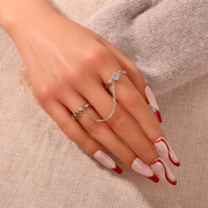 Unique Zirconia Decor Silver Double Fingers Ring with Chain Elegant Accessories