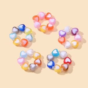 Random Color Women Girls Dainty Gifts Colorful Resin Heart Elastic Finger Ring